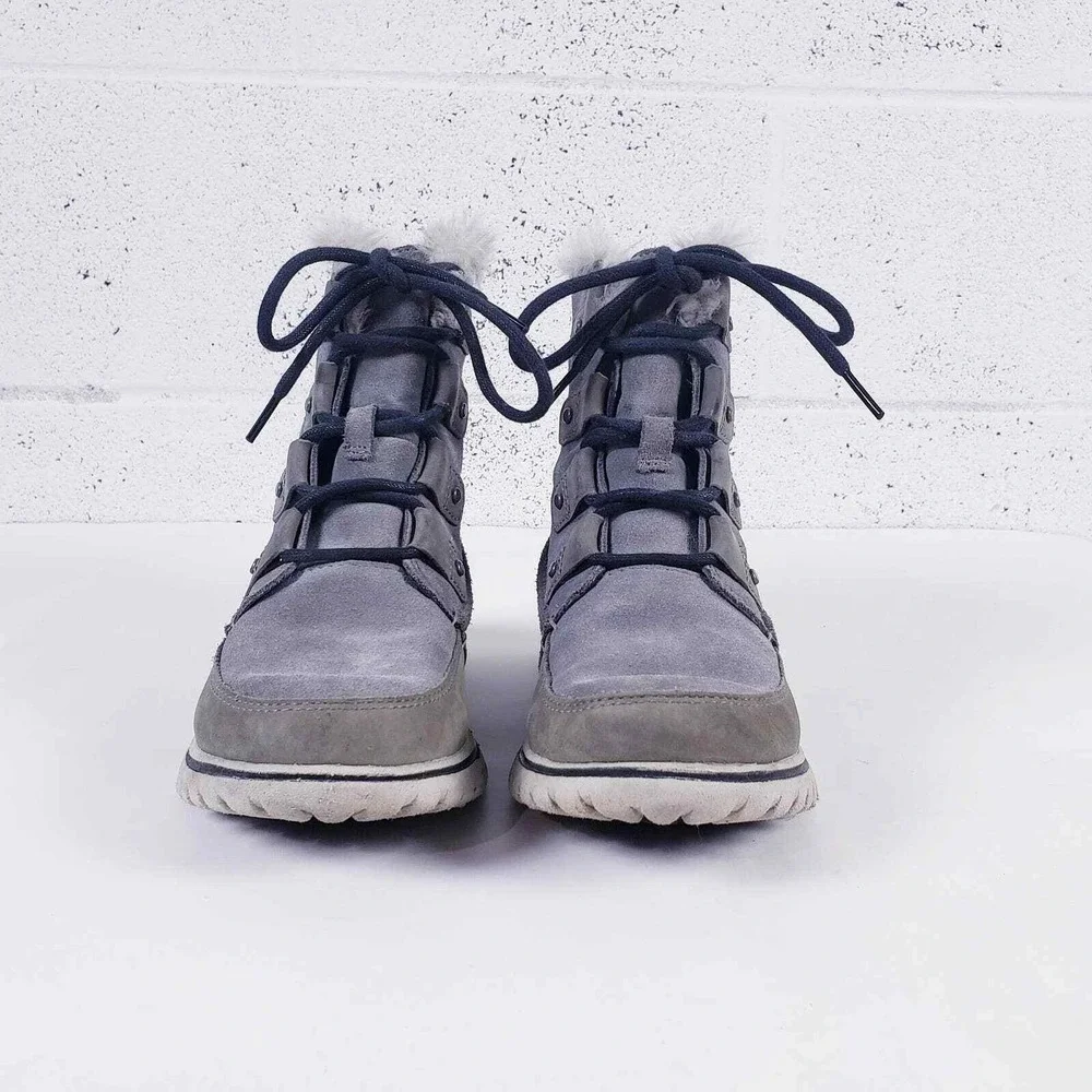 Sorel‎ Tivoli III Waterproof Boots Grey Suede Faux Fur Trim Lace Up Womens 7